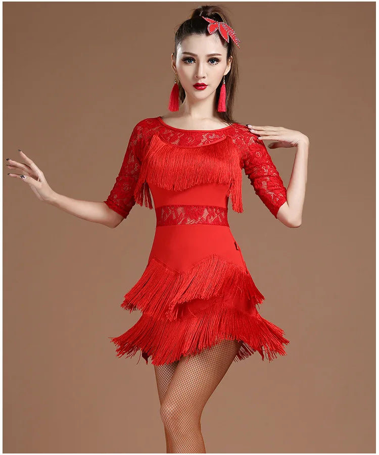Red Latin Dance Costumes Women Salsa Dancewear Dance Costume Dresses Ballroom Competition Dresses Tango Adult Fringe Sequin