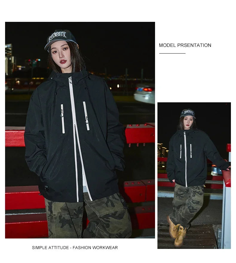 Gorpcore Waterproof Jacket Mens Couple's Ski Oversized Zipper Pocket Windbreaker Autumn High Quality Travel Camping Hooded Coats