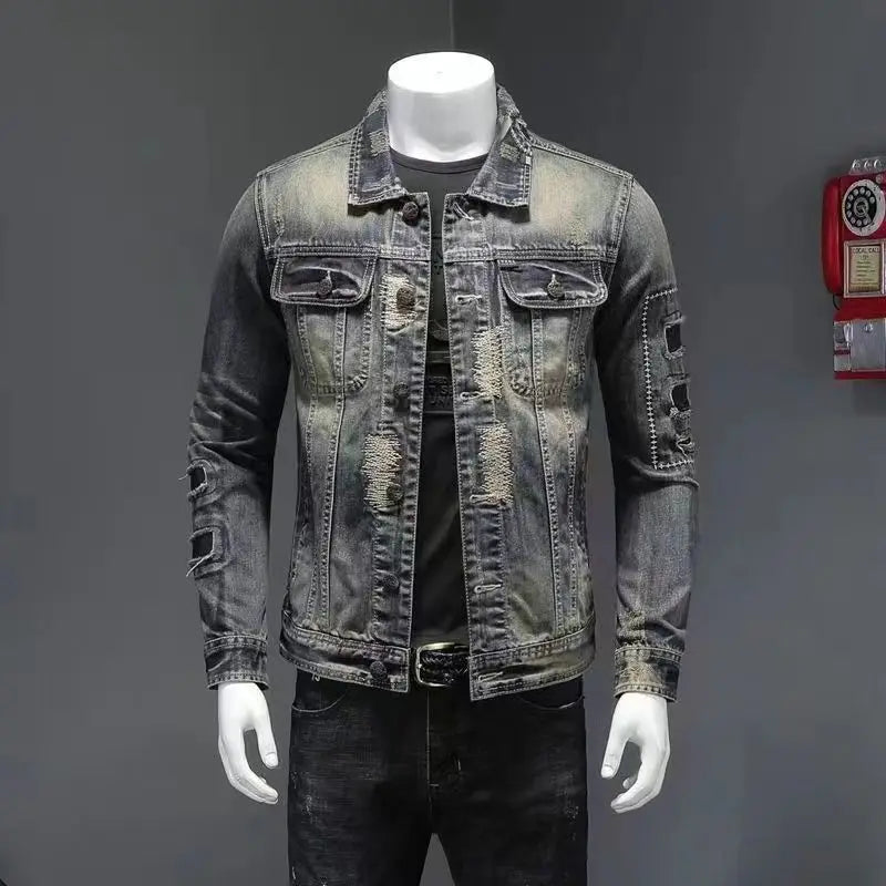2025 Men's Autumn Winter Brand Casual Cotton Jacket with American Retro Motorcycle Embroidered Street Fashion Grey Jeans Coat