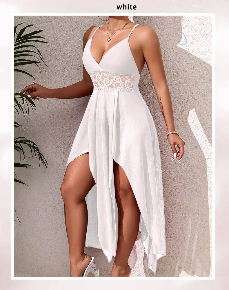 Irregular Suspender Women Vacation Style Skirt Sexy Female Lingerie Transparent Mesh V-neck Backless Long Dress Woman Pajamas