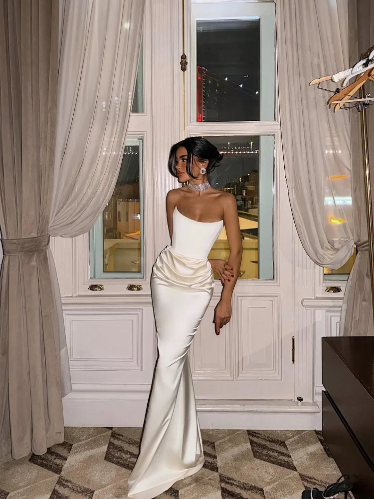 Solid White Strapless High Waist Maxi Dress Women Elegant Sleeveless Backless Pleated Satin Slim Dresses  Party Evening Gowns