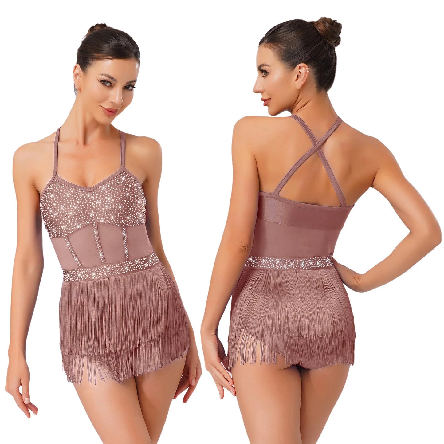 Womens Latin Dance Dress Sheer Mesh Patchwork Tiered Tassel Bodysuit Dress and Gloves for Tango Samba Dance Ballroom Dancewear