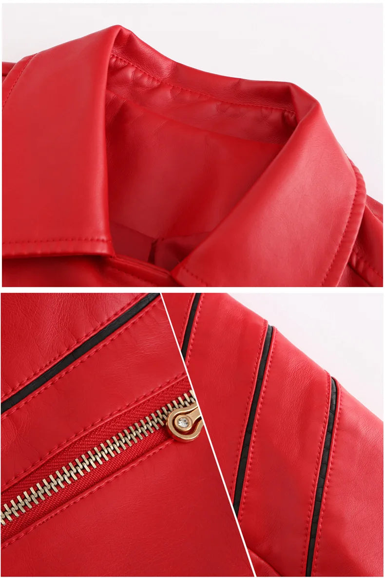 Red PU Faux Leather Jacket Women fashion Casual Biker Jackets Outwear Female Tops spring and autumn Black Leather Jacket Coat