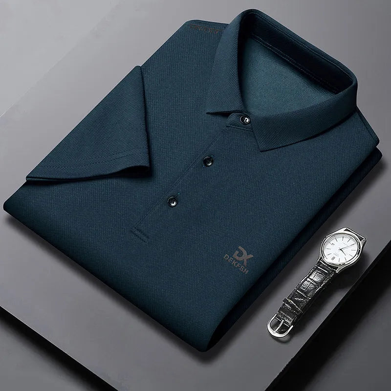 New Men's Business Casual Short Sleeved Shirt with Badge Solid Color Polo Shirt Fashionable Breathable Comfortable Versatile Top
