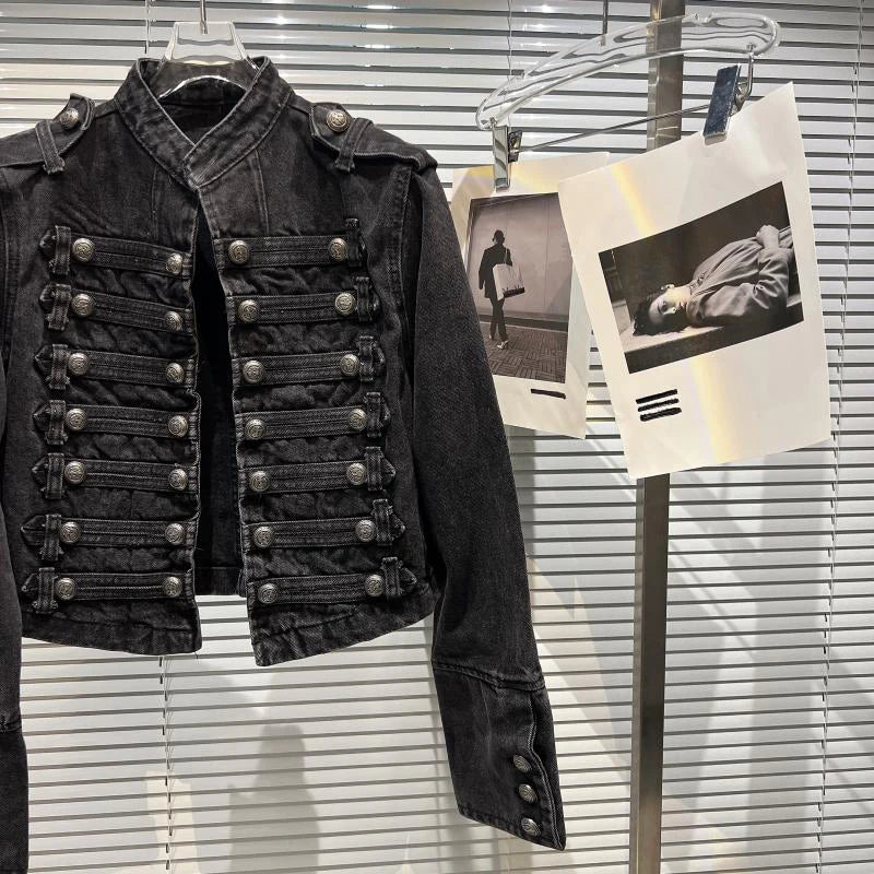 DEAT 2025 Autumn New Fashion Metal Buckle Design Shoulder Strap Denim Short Jacket For Women High Street Coat Female 11A06995