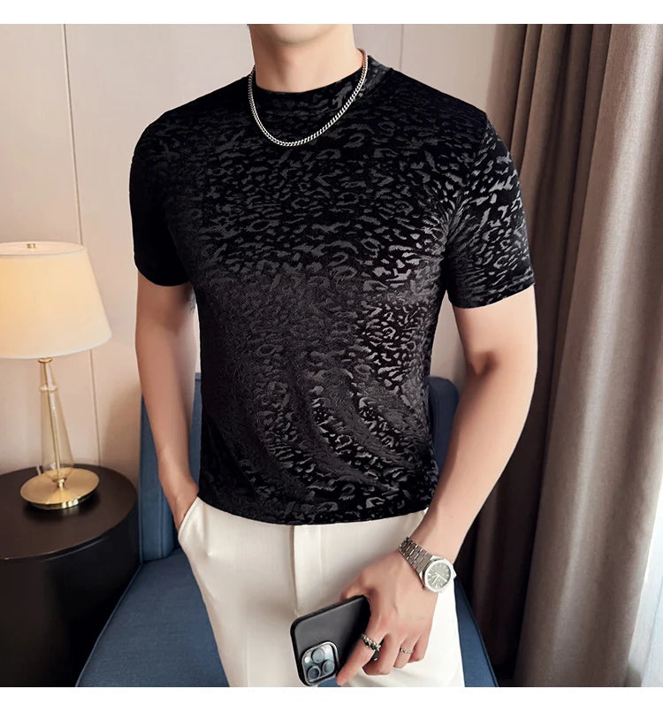 Men's T-Shirts Korean Fashion Gold Velvet Short Sleeve Mens Casual T Shirt Slim Fit Breathable Turtleneck Tee Shirt Homme 4XL-M