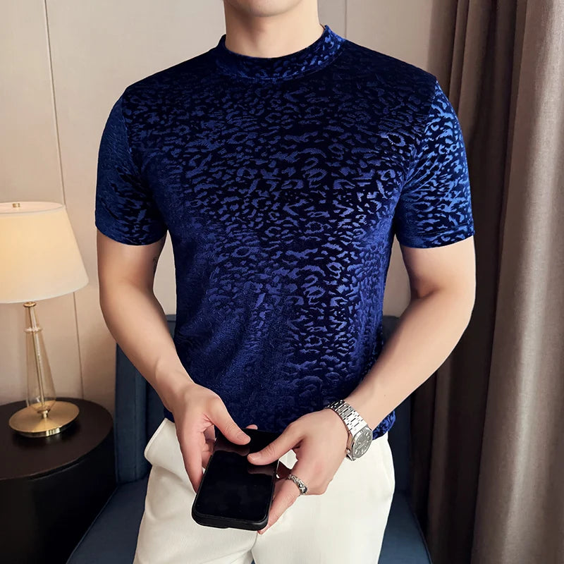 Men's T-Shirts Korean Fashion Gold Velvet Short Sleeve Mens Casual T Shirt Slim Fit Breathable Turtleneck Tee Shirt Homme 4XL-M