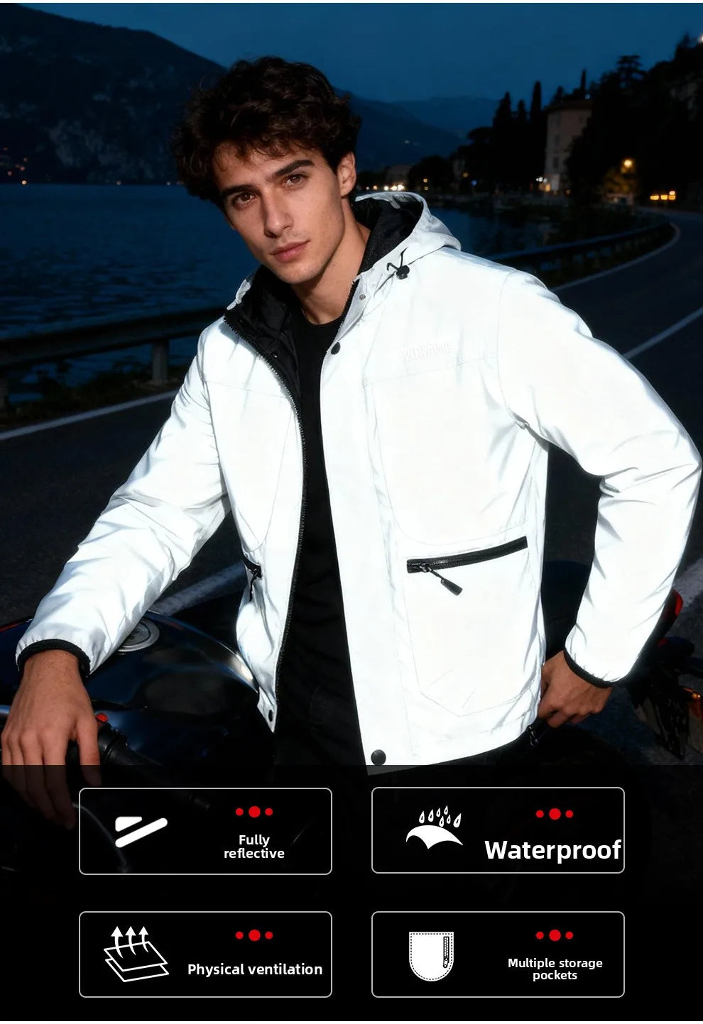 WOSAWE Motorcycle Riding Full Reflective Hooded Jacket, Hiking Night Riding Night Running Charge Carry-on Sports Jacket