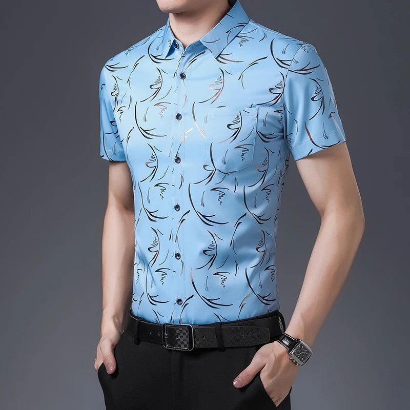 New Men's Casual Printed Short Sleeved Lapel Shirt for Summer Fashion Comfort No Ironing Wrinkle Resistant Top