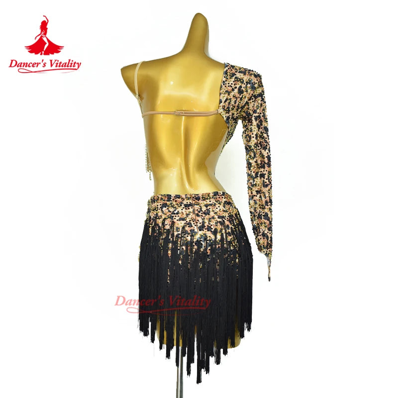Latin Dance Competition Dresses High End Sexy Leopard Pattern Tassel Skirt Adults and Children Customized Performance Clothing