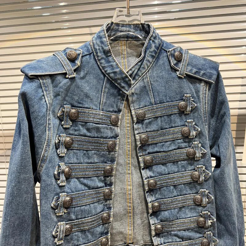 DEAT 2025 Autumn New Fashion Metal Buckle Design Shoulder Strap Denim Short Jacket For Women High Street Coat Female 11A06995