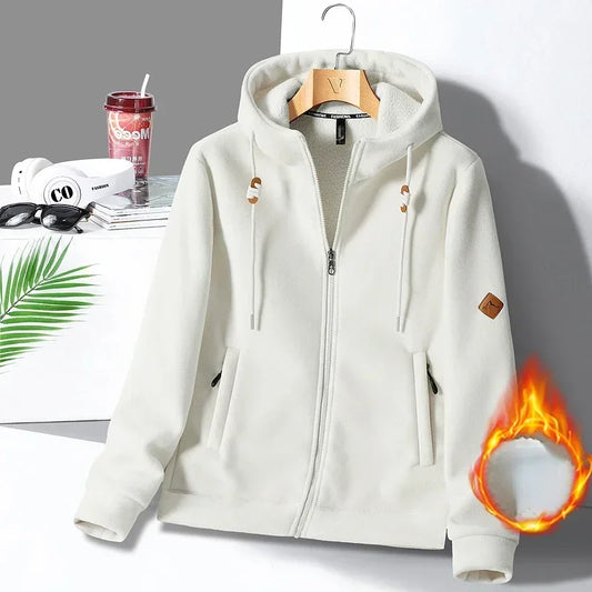 Winter Warm Cashmere Jacket Mens High-end Ski Fleece Iined Thickened Hoodie Coat Casual Womens Outdoor Camping Cold-proof Jacket
