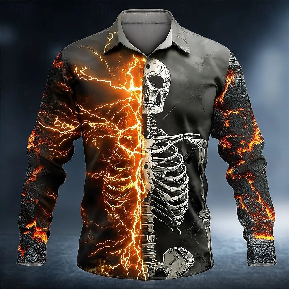 Halloween Pumpkin Head 3D Printed Men's Long Sleeve Shirt Fashion Button Skull Top New Men's Casual Flap-Collar Shirt