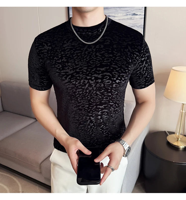 Men's T-Shirts Korean Fashion Gold Velvet Short Sleeve Mens Casual T Shirt Slim Fit Breathable Turtleneck Tee Shirt Homme 4XL-M