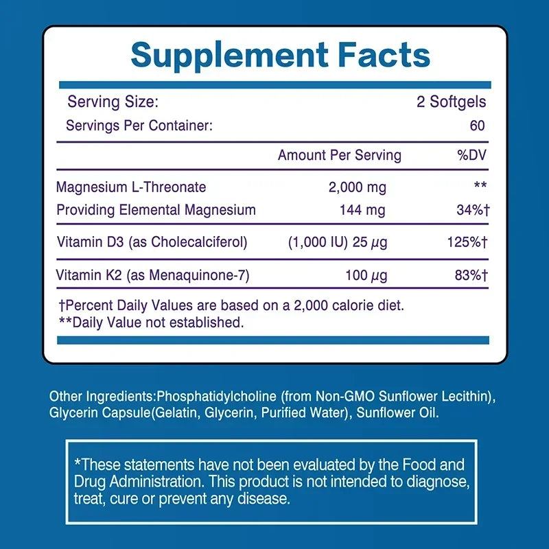 Liposomal Magnesium L-Threonate - Containing Vitamin D3 and K2, Supports Brain, Bone, Heart, Muscle and Promotes Sleep