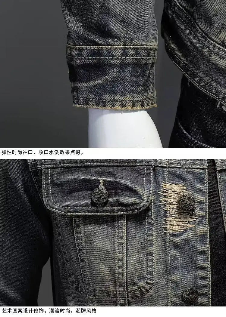 Spring  Autumn New Fashion Trend Ripped Vintage Jeans Jacket Men's Casual Loose Comfortable High Quality Denim Coat