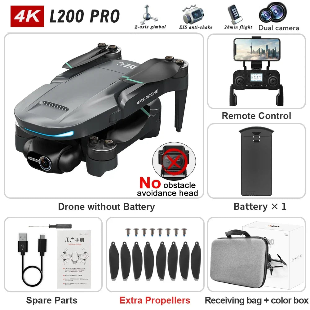 L200 PRO MAX Drone 4K Professional EIS Camera 2-Axis Gimbal 360° Obstacle Avoidance Brushless Motor GPS Quadcopter FPV RC Drones