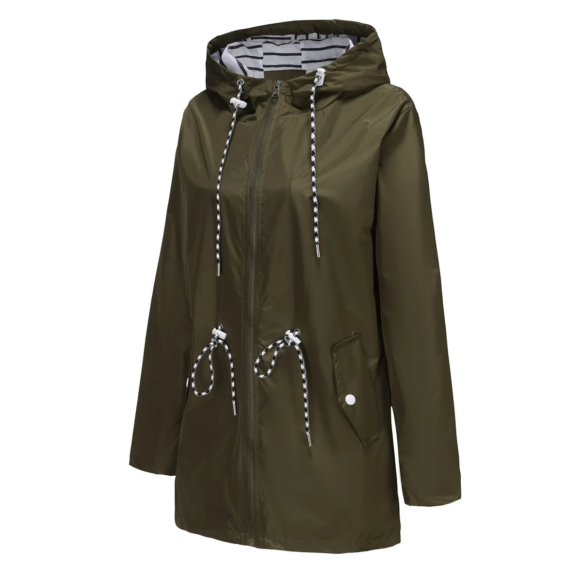 Red Waterproof Hooded Jacket, Women Fashion Casual Coat, Waist Drawstring Tie Zipper Switch Blue Green Yellow Black Windbreaker