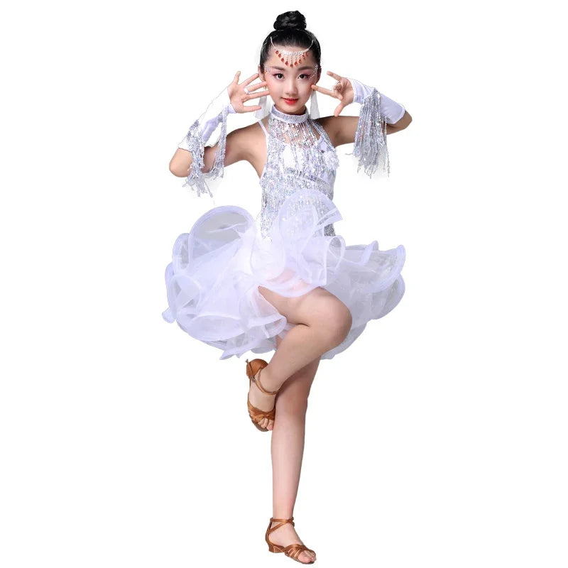 Teenager Girl 's Latin Dance Costumes Latin Skirt Sequins Performing Competition Costume Girls Salsa Dancing Tassel Dress