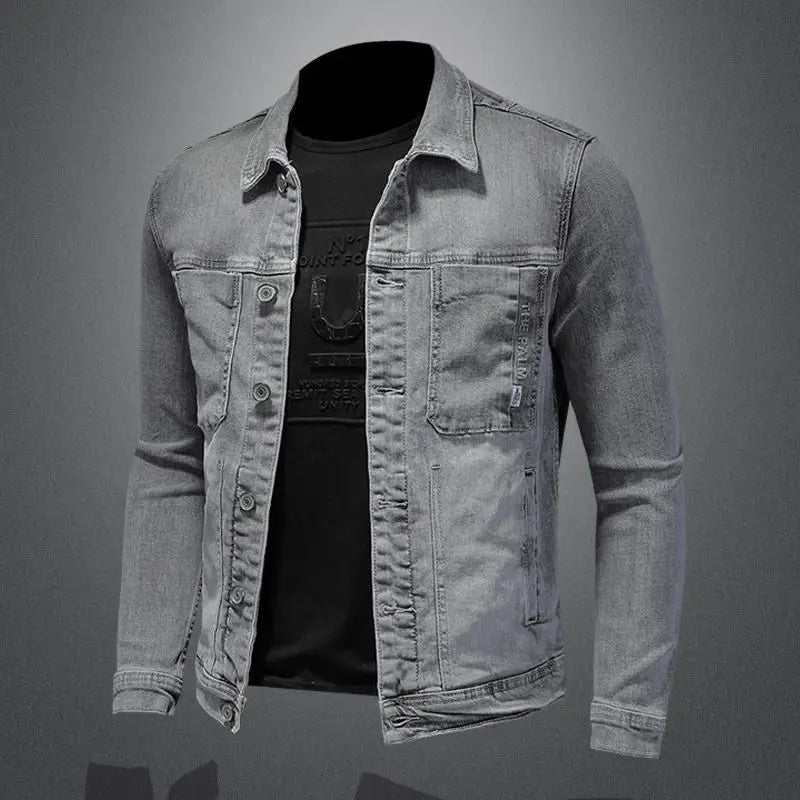 2025 Men's Autumn Winter Brand Casual Cotton Jacket with American Retro Motorcycle Embroidered Street Fashion Grey Jeans Coat