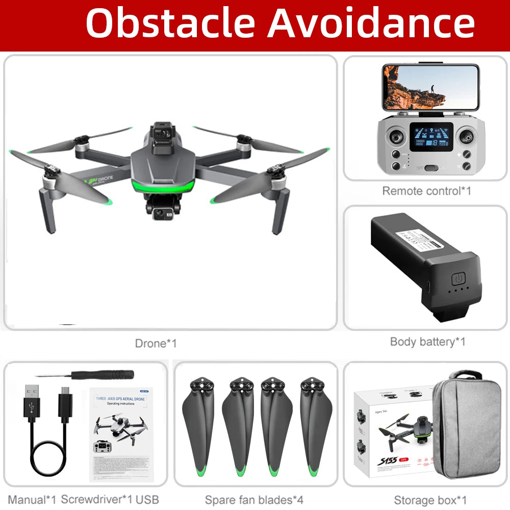 S155 Pro Max Drone 5G GPS Professional 8K HD Aerial Photography 3-Aixs-Gimbal Load 500g No/360 Obstacle Avoidance Quadrotor Dron