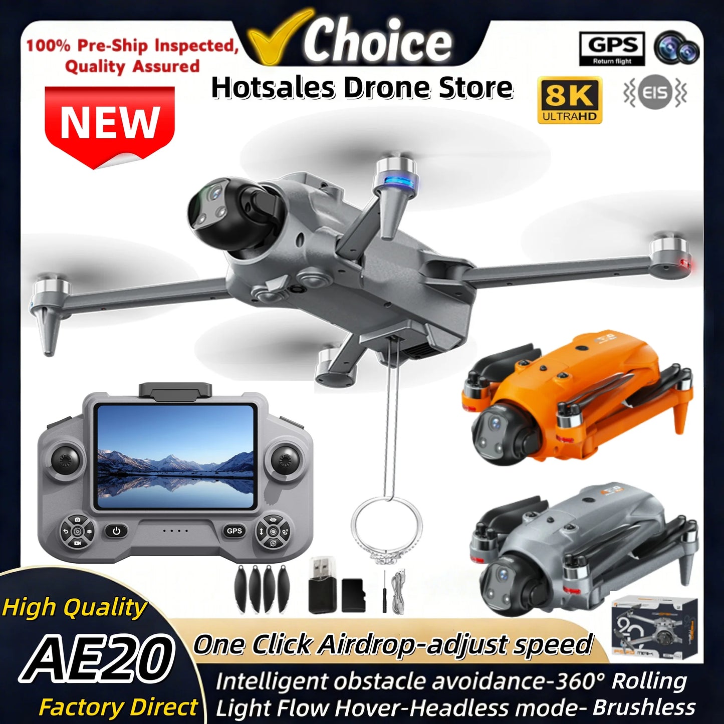 New Quality AE20 Drone GPS One Click Airdrop Brushless Motor Screen Lifting Obstacle Avoidance Intelligent Positioning Aircraft