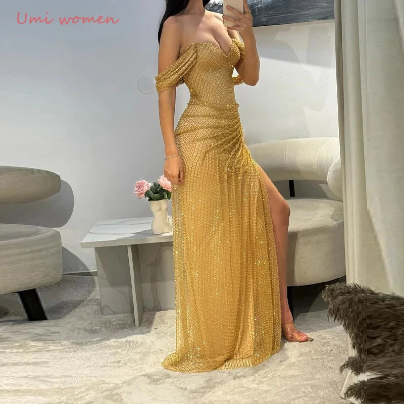 Customized Prom Dresses Luxury Sequins Sweetheart Neck Mermaid Prom Dress Side Split Sleeveless vestidos de noiva