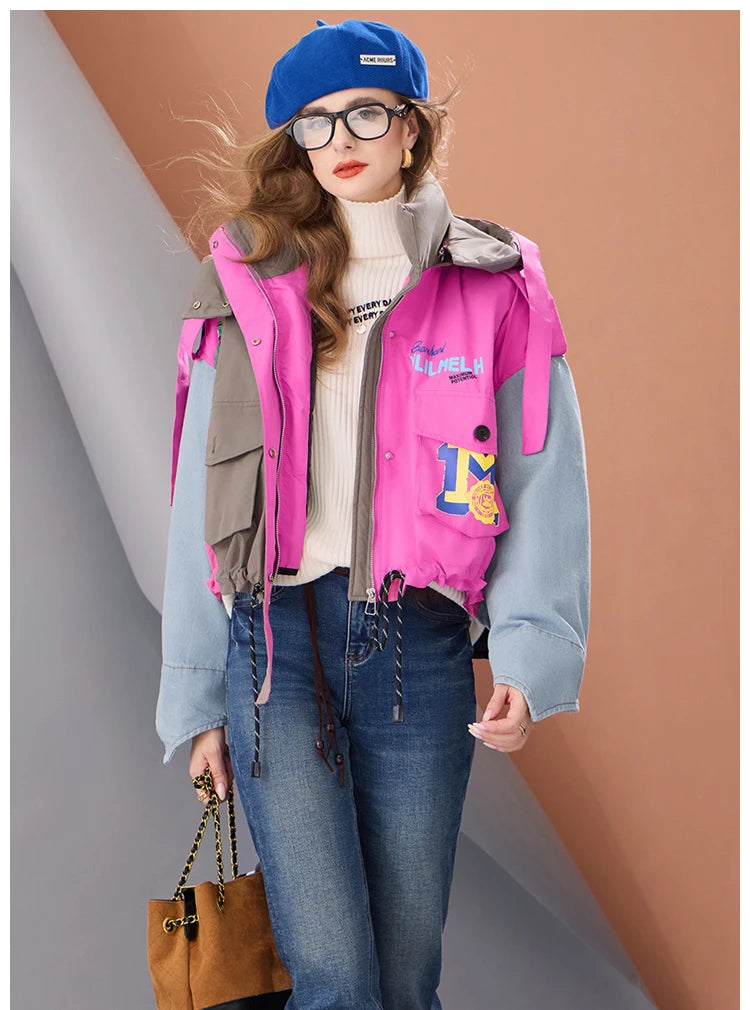 Women Short Puffer Jacket Hooded Thick Warm Winter Coat Color Block Denim Sleeve Streetwear Oversized Fashion Down Outerwear