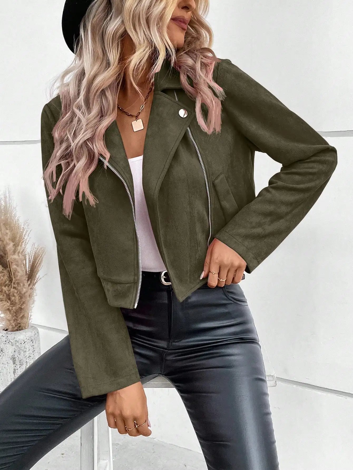 Faux Suede Women Jakcet Zipper Fly Lapel Buttons Motorcycle Jacket Leather Jacket Windproof High Street Biker Jacket Cardigan