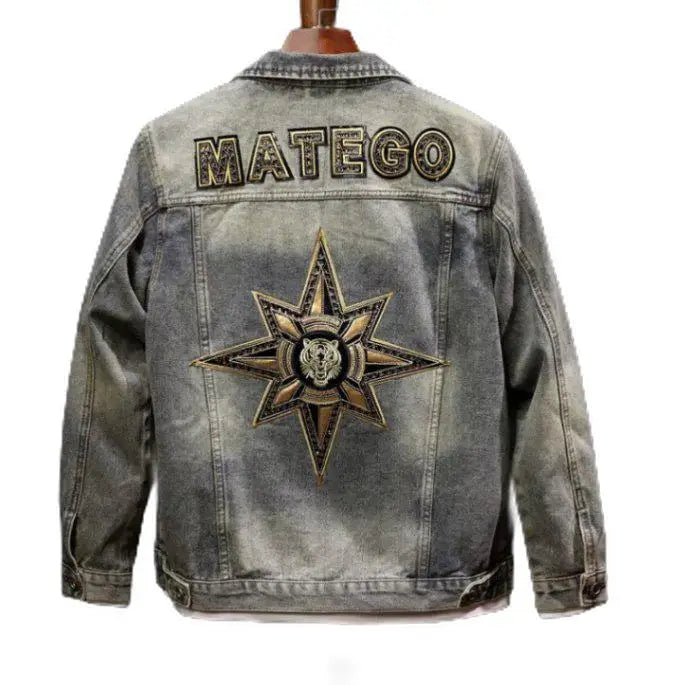 Faionable Retro Motorcycle Jaet Men's Light Colored Embroidered Denim Coat Sli Casual Cotton Polyester Blend Outerwear