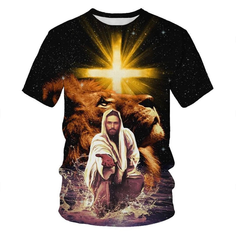 Summer fashion creative design cross lion 3D printing personalized Christian art T-shirt