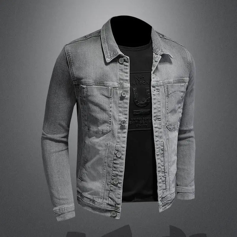 2025 Men's Autumn Winter Brand Casual Cotton Jacket with American Retro Motorcycle Embroidered Street Fashion Grey Jeans Coat