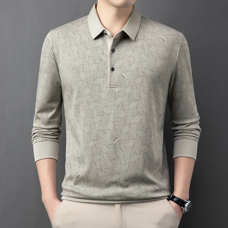 New Men's Business Casual Long Sleeved Shirt with Badge Solid Color Polo Shirt Fashionable Breathable Comfortable Versatile Top