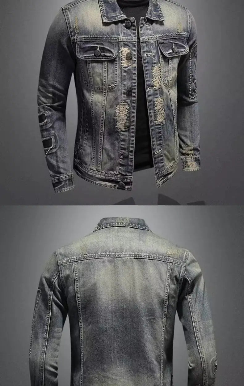 2025 Men's Autumn Winter Brand Casual Cotton Jacket with American Retro Motorcycle Embroidered Street Fashion Grey Jeans Coat