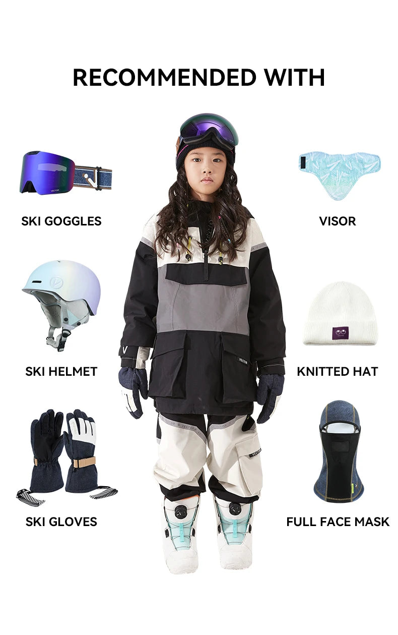 VECTOR Ski Wear Children Hooded Sweater Reflective Boys and Girls Ski Wear Thickened Warmth Waterproof Ski Equipment Ski Jacket