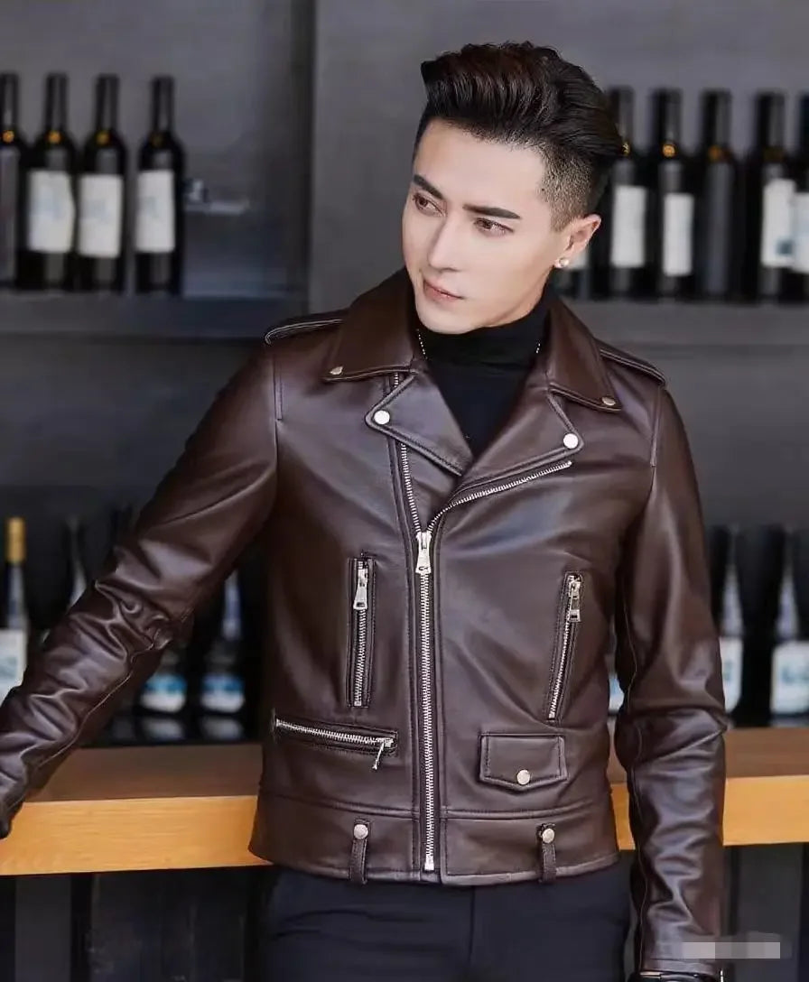 Men's Slim Fit PU Leather Jacket Fashionable Motorcycle Style Spring Autumn Korean Version Casual Outerwear Male Biker Coat