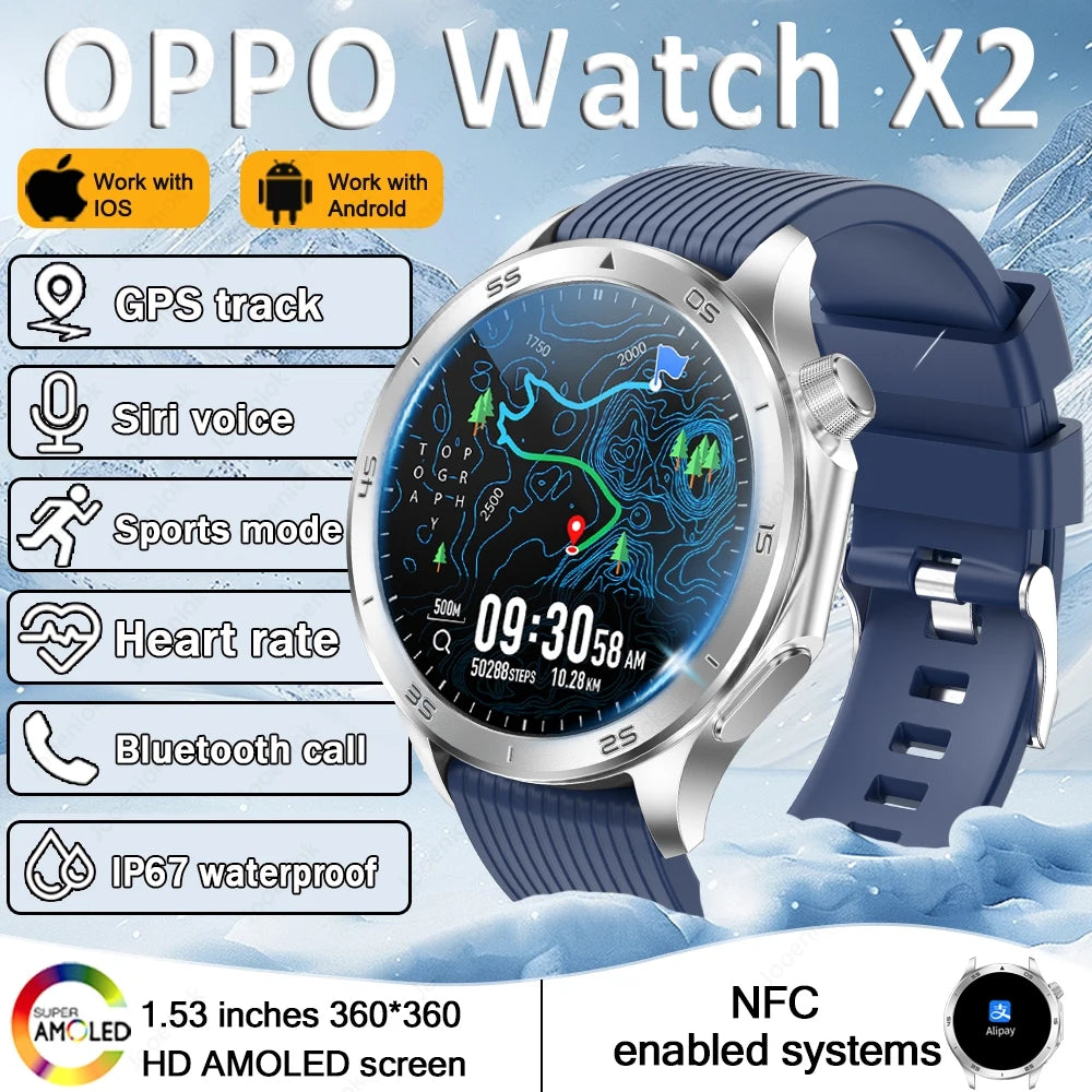 2025 New OPPO X2 Smart Watch Men's GPS Sports IP68 Waterproof Compass Heart Rate Blood Oxygen Bluetooth Call Smartwatches IOS