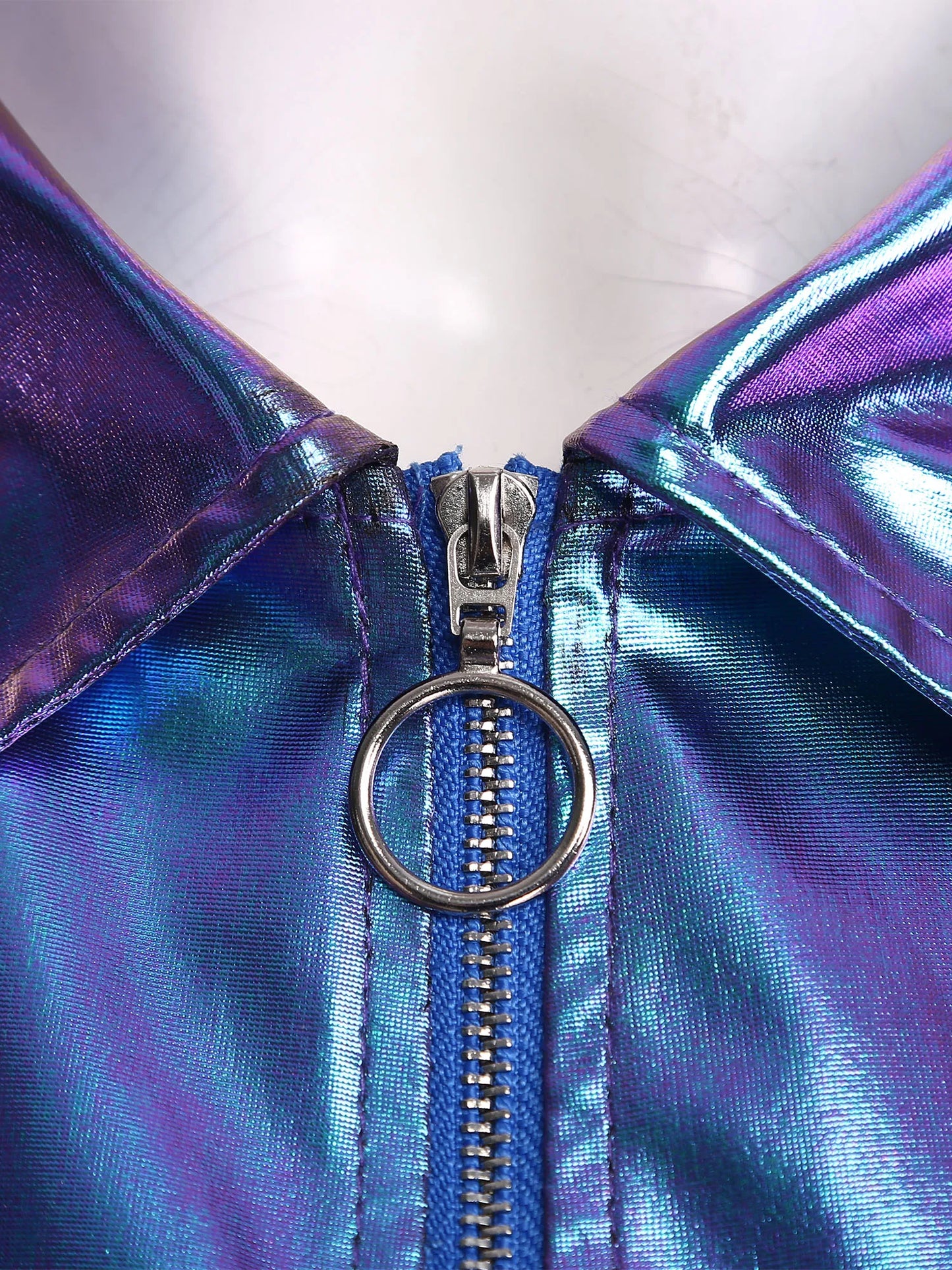 Womens Metallic Shiny Cropped Jacket Lapel Long Sleeve Front Zipper Chest Flap Pockets Crop Outerwear Biker Motor Jacket Tops