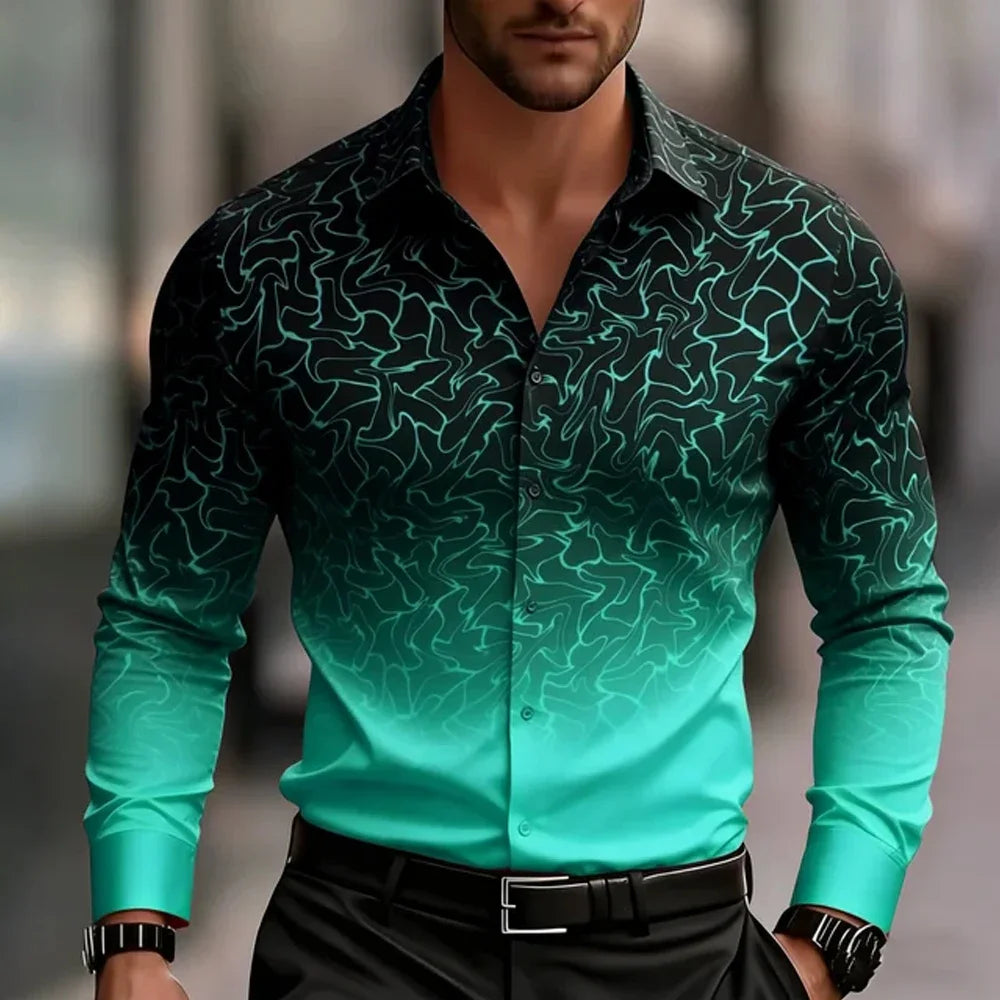 New Spring Autumn Men Clothes Long Sleeve Gradient Color 3D Digital Print Shirt Men Casual Fashion Tops