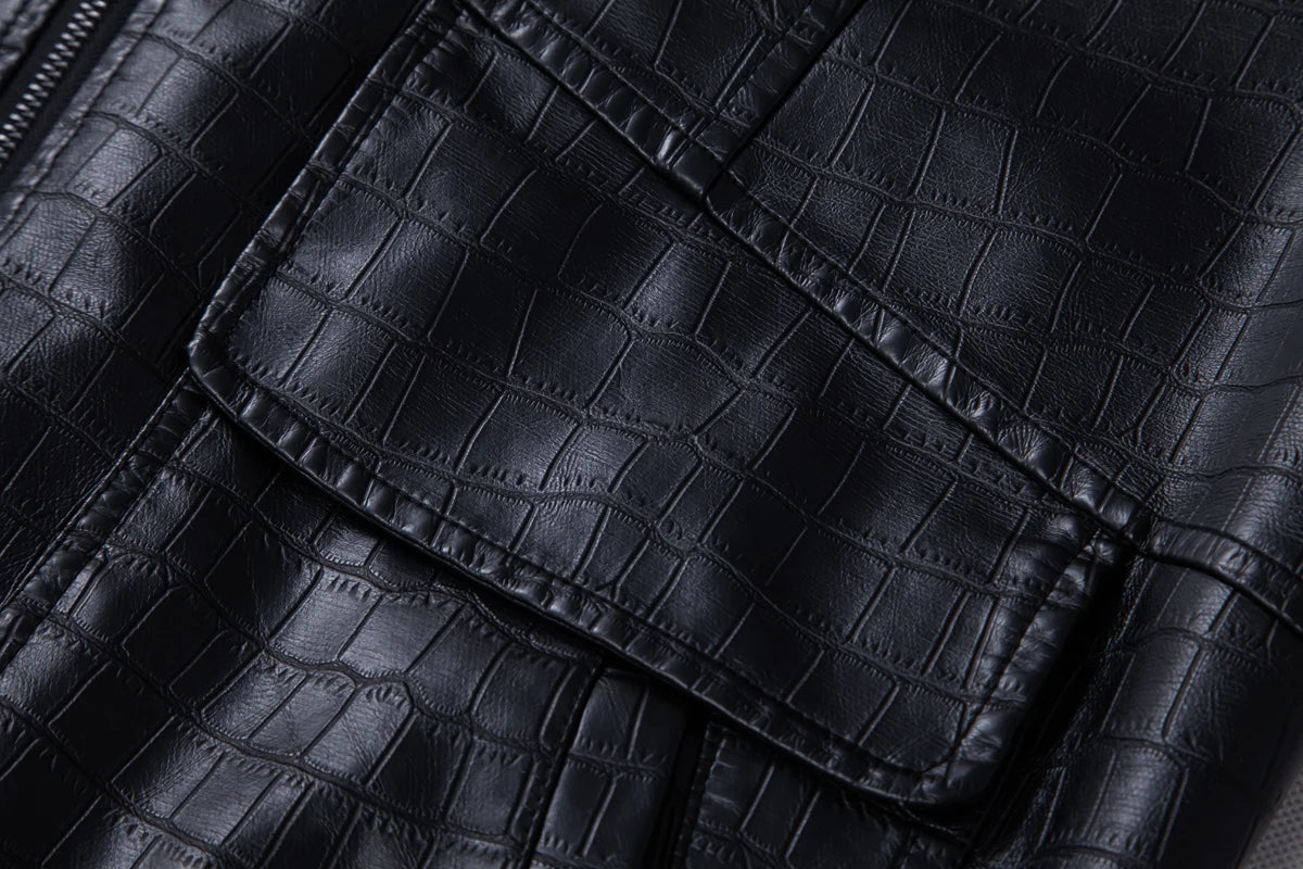 Men's faux crocodile PU leather jacket with vintage lapels