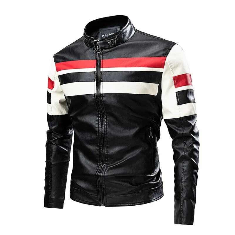 Men's Casual Biker PU Leather Jacket New 2025 Fashion Color Block British Style Motorcycle Jacket Men's Clothing Outerwear