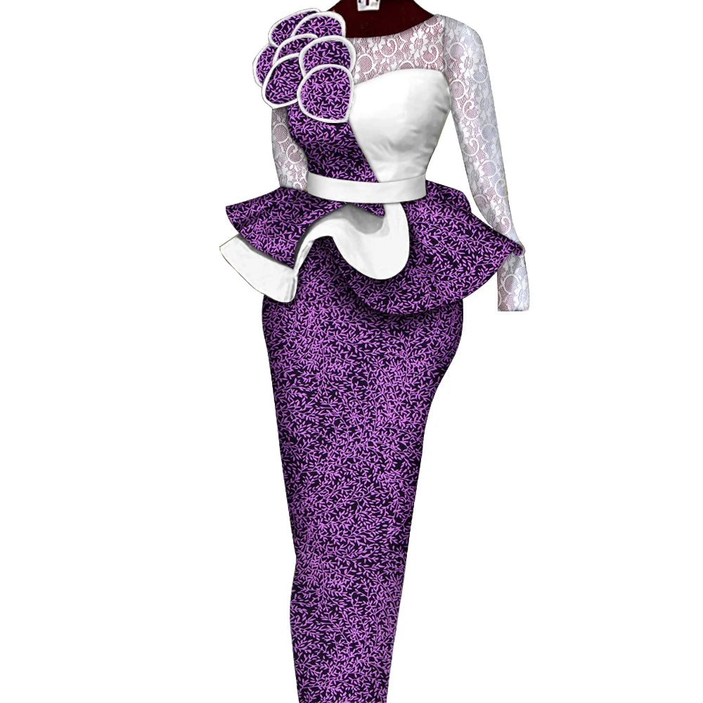 African Skirt Sets Women Suit Long Straight Skirts and Tops with Lace Decoration Bazin Riche Traditional African Clothing WY6195
