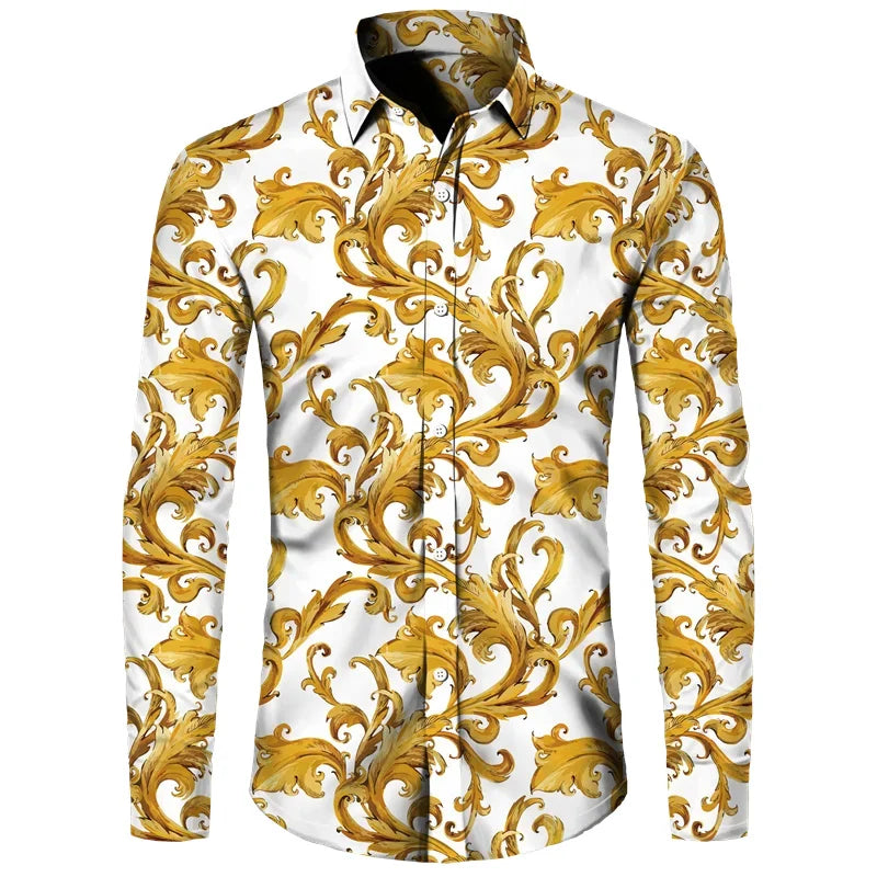 2024 New Luxury Golden Flower Chain 3D Print Men Long Sleeve Shirt Casual Mens Designer Clothing Streetwear Lapel Button Shirts