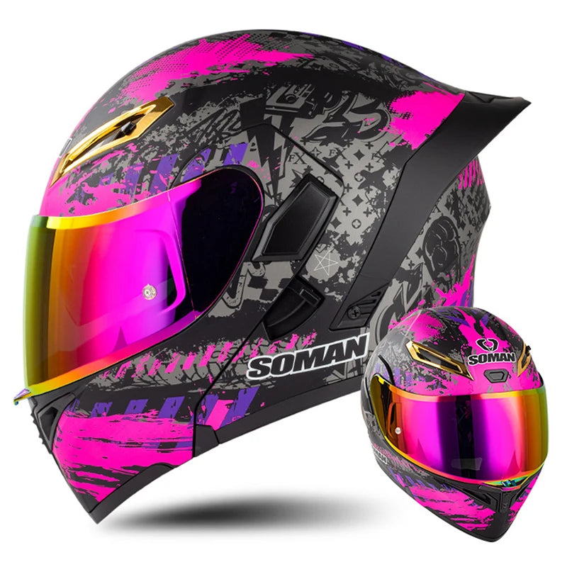 DOT Approved Men's Motorcycle Helmet Full Face Helmet with Double Visor Flip Up Motocross Helmet Four Seasons Universal