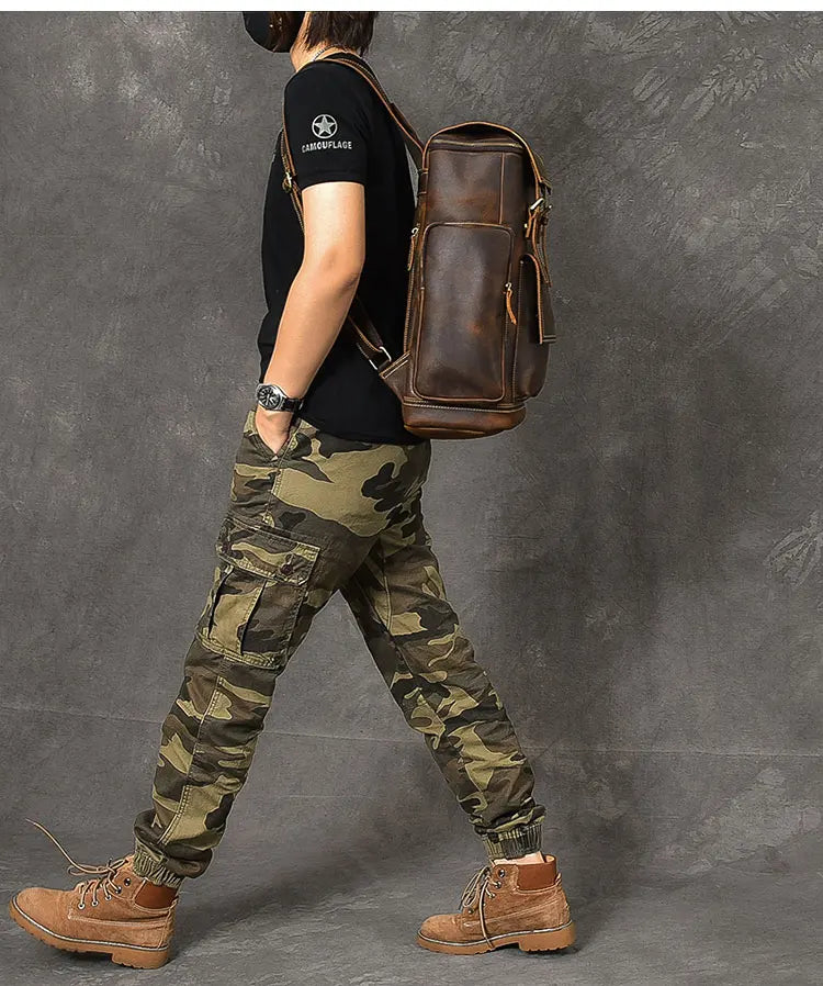 Vintage Crazy Horse Genuine Leather Backpack Men Leather Bagpack Climbing Rucksack male Large Hiking Backpack M814