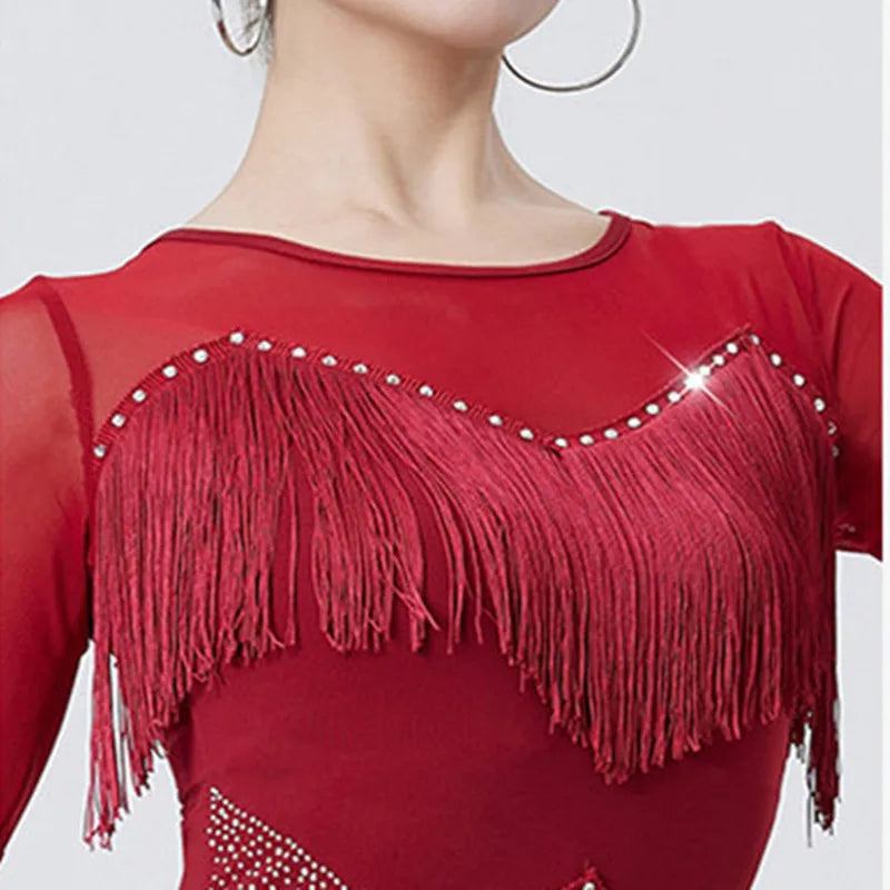 Women's Flapper Dress Fringe Salsa Latin Dance Dress Party Ballroom Dancer Outfits With Shorts Long Sleeve  Tango Samba Rumba