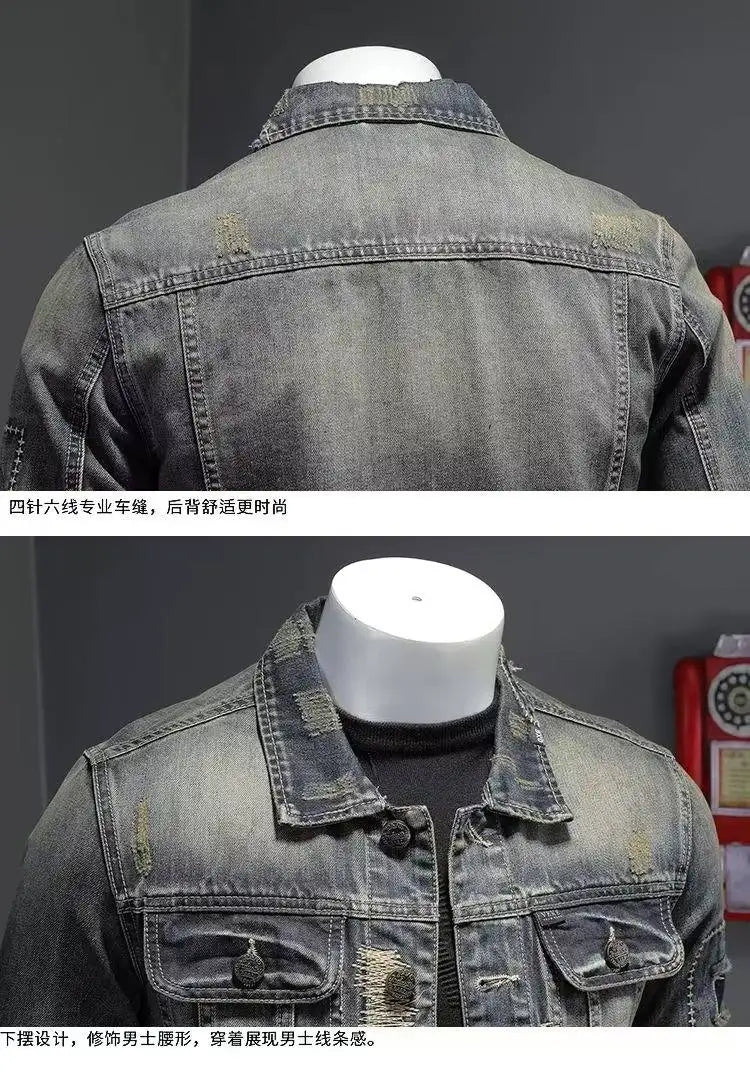 Spring  Autumn New Fashion Trend Ripped Vintage Jeans Jacket Men's Casual Loose Comfortable High Quality Denim Coat