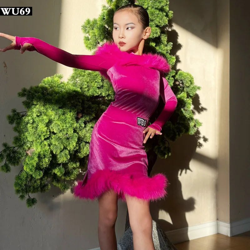 Latin american Dance velvet feather Long Dress Girls Kids Samba Salsa Cha Cha Rumba Tango Children Competition Ballroom Dresses