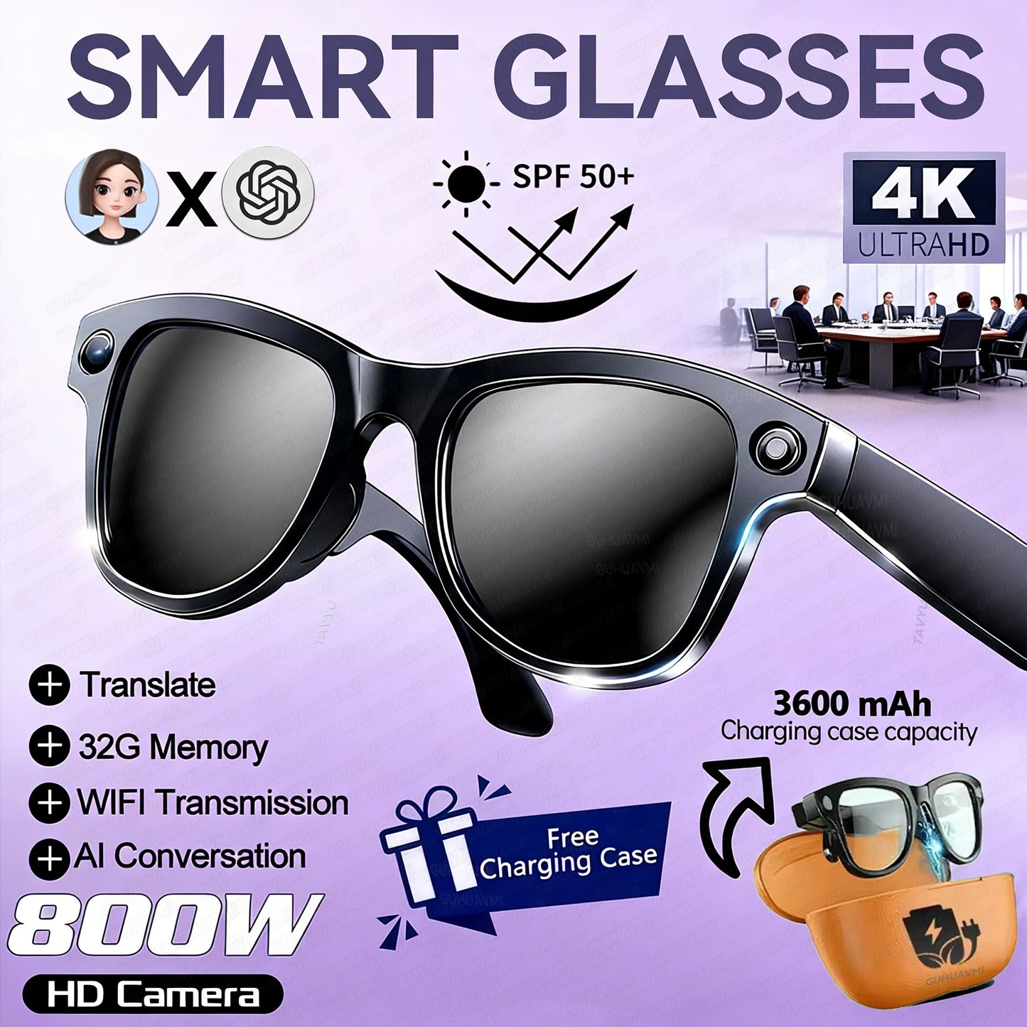 New 800W Camera 3600mAh Power Bank Smart Glasses Men Translator Take Photo WIFI Transmission Music Player AI Chat Glasses Women