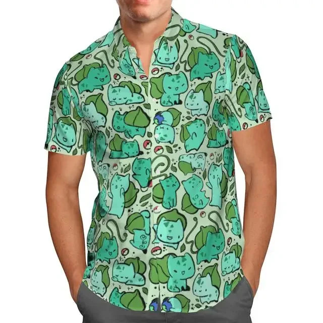 Extra-large streetwear 3d anime green short-sleeved Hawaiian shirt for men, beach summer 5xl for social men